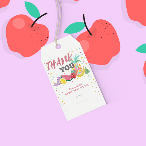 Load image into Gallery viewer, Fruits Theme Birthday Favour Tags (2 x 3.5 inches/250 GSM Cardstock/Multicolour/30Pcs)
