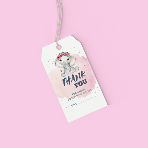 Load image into Gallery viewer, Baby Elephant Girl Theme Birthday Favour Tags (2 x 3.5 inches/250 GSM Cardstock/White, Pink, Grey, Black/30Pcs)
