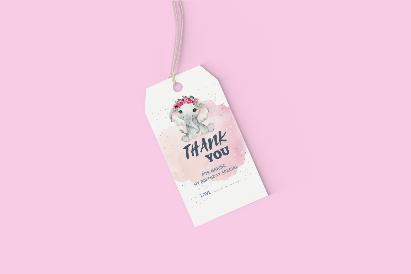 Baby Elephant Girl Theme Birthday Favour Tags (2 x 3.5 inches/250 GSM Cardstock/White, Pink, Grey, Black/30Pcs)