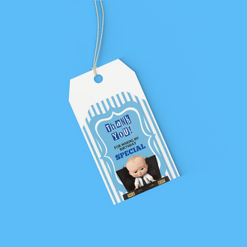 Load image into Gallery viewer, Boss Baby Boy Theme Birthday Favour Tags (2 x 3.5 inches/250 GSM Cardstock/Blue White &amp; Black/30Pcs)
