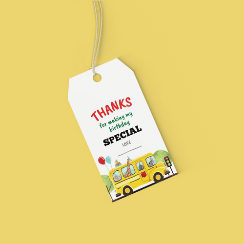 Load image into Gallery viewer, Weels On The Bus Theme Birthday Favour Tags (2 x 3.5 inches/250 GSM Cardstock/Mixcolour/30Pcs)
