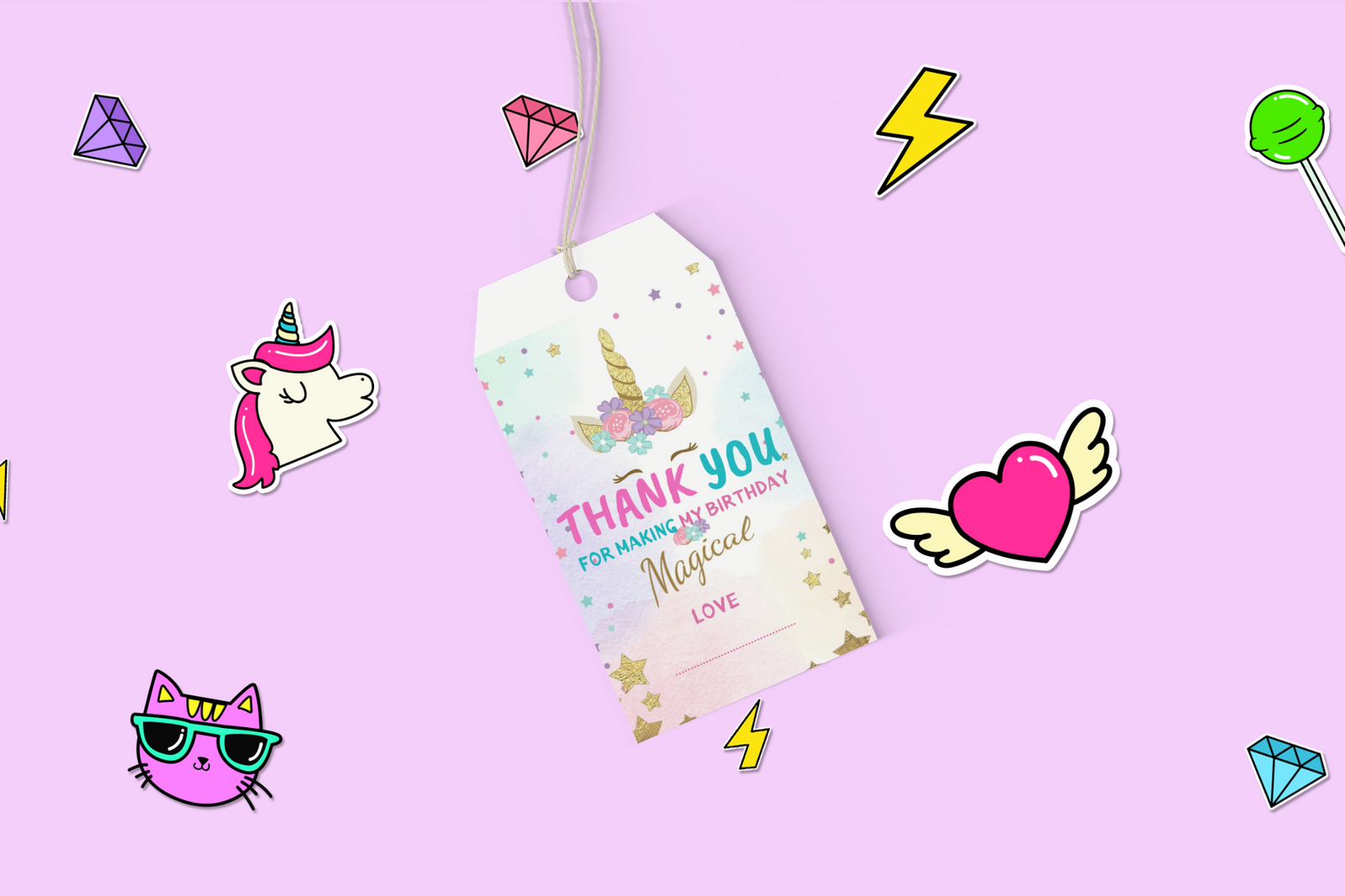 Unicorn Theme Birthday Favour Tags - Model 1 (2 x 3.5 inches/250 GSM Cardstock/Multicolour/30Pcs)