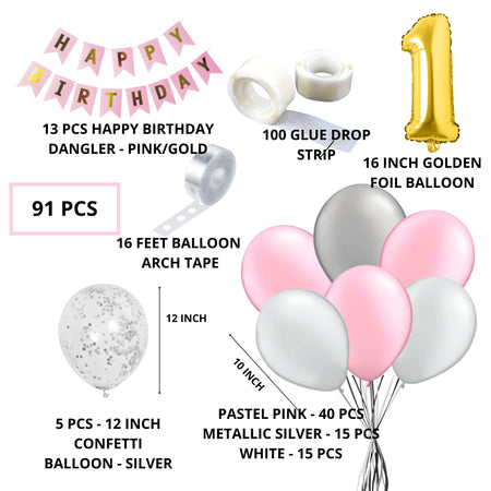 91 Pcs DIY Happy Birthday Kit – White, Pink Pastel &amp; Silver Metallic Balloons, Confetti Balloon, Gold 1 Number,&amp; Pink Happy Birthday Banner