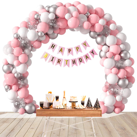 78Pcs DIY Happy Birthday Kit - White, Pink Pastel &amp; Silver Metallic Balloons, Confetti Balloon &amp; Pink Happy Birthday Banner