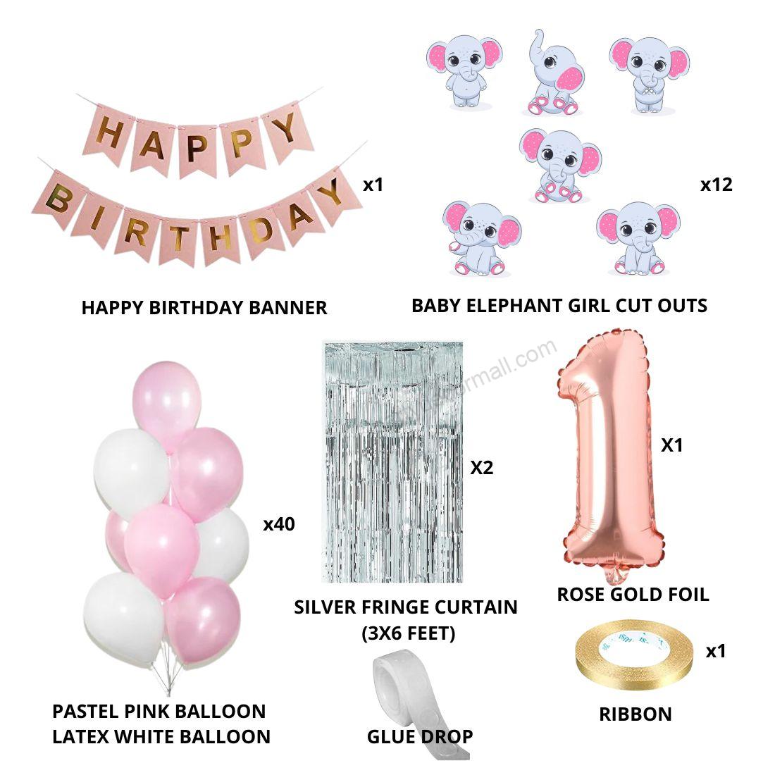 Baby Elephant Girl Theme Balloon with Number Foil Decor DIY Kit (58 Pcs)