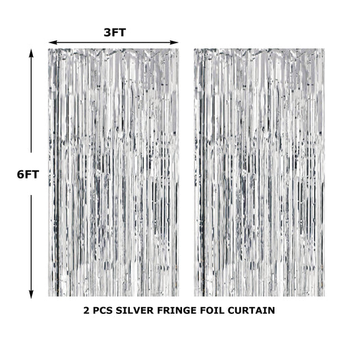 Load image into Gallery viewer, Metallic Silver Foil Fringe Curtains for Party Photo Backdrop Wedding Birthday Decor (2 Pack, Silver) – 3 X 6 ft
